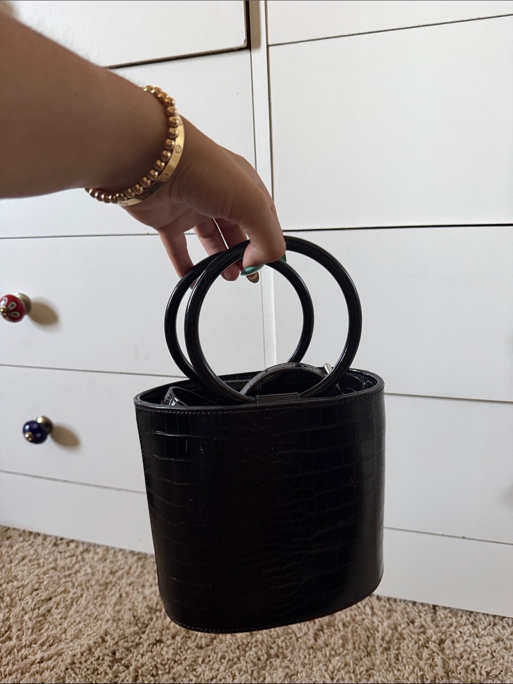 Black Croc-Embossed Round Handle Women’s Handbag
